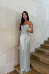 Spaghetti straps Sleeveless Long Formal Dress With Beading Tassel