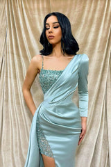 Light Green Mermaid One Shoulder Long Sleeve Front Split Evening Dress With Sequins