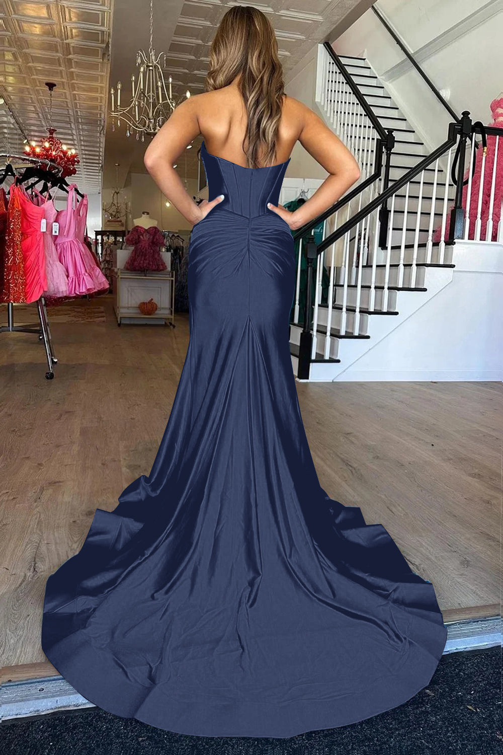 Elegant Blue Mermaid Sweetheart Corset Prom Gown Featuring a Front Split