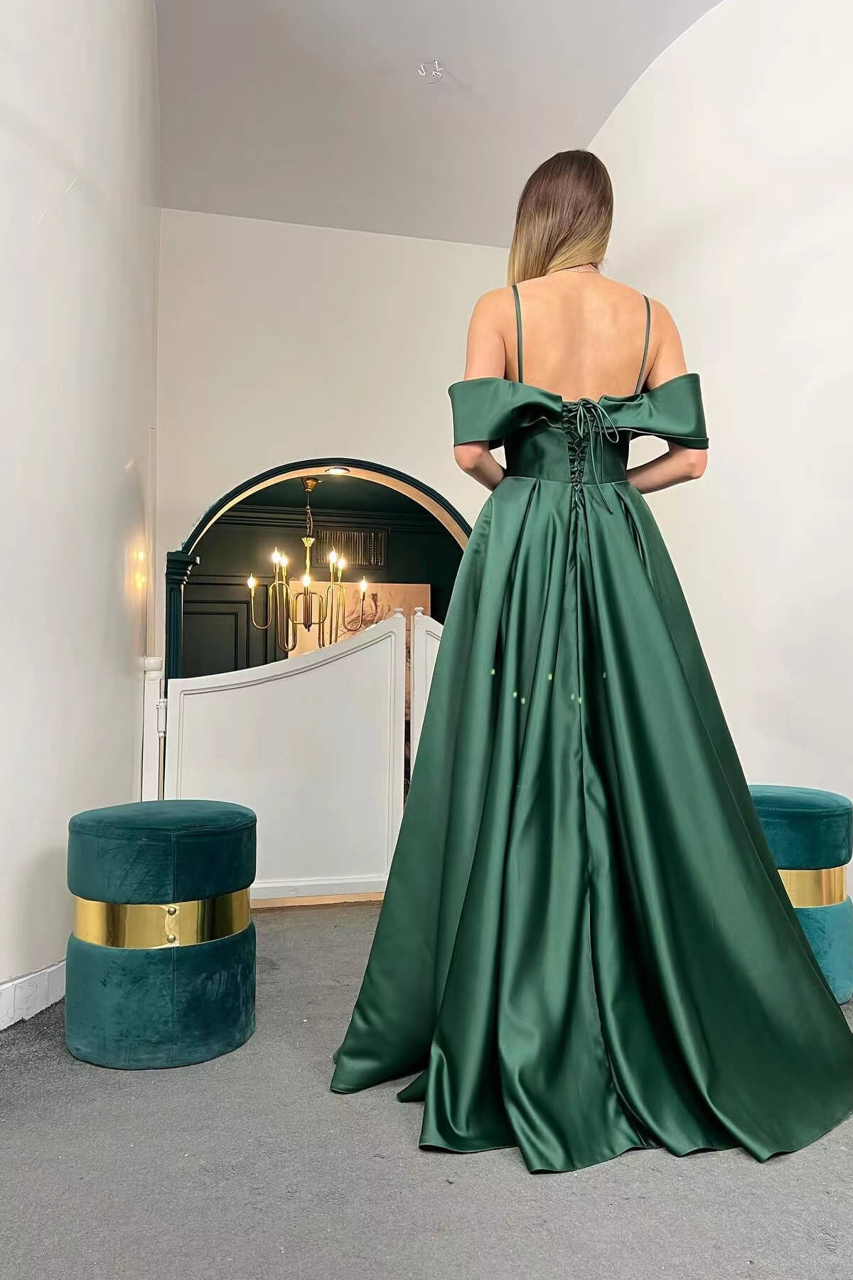 Off-The-Shoulder Spaghetti-Straps A-Line Lace-Up Back Long Evening Dress