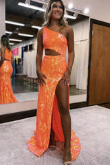 Long One Shoulder Prom Dress in Sparkly Orange Sequin with Slit