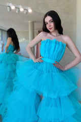 Sky Blue Long Prom Dress with Criss Cross Back in High Low Strapless Style