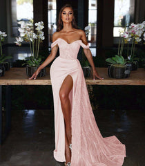 Light Blue Long Slit Mermaid Off-The-Shoulder Evening Dress With Sequins Ruffles