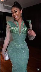 Shinning Applique Long Sleeves Green Mermaid Floor Length Formal Dress