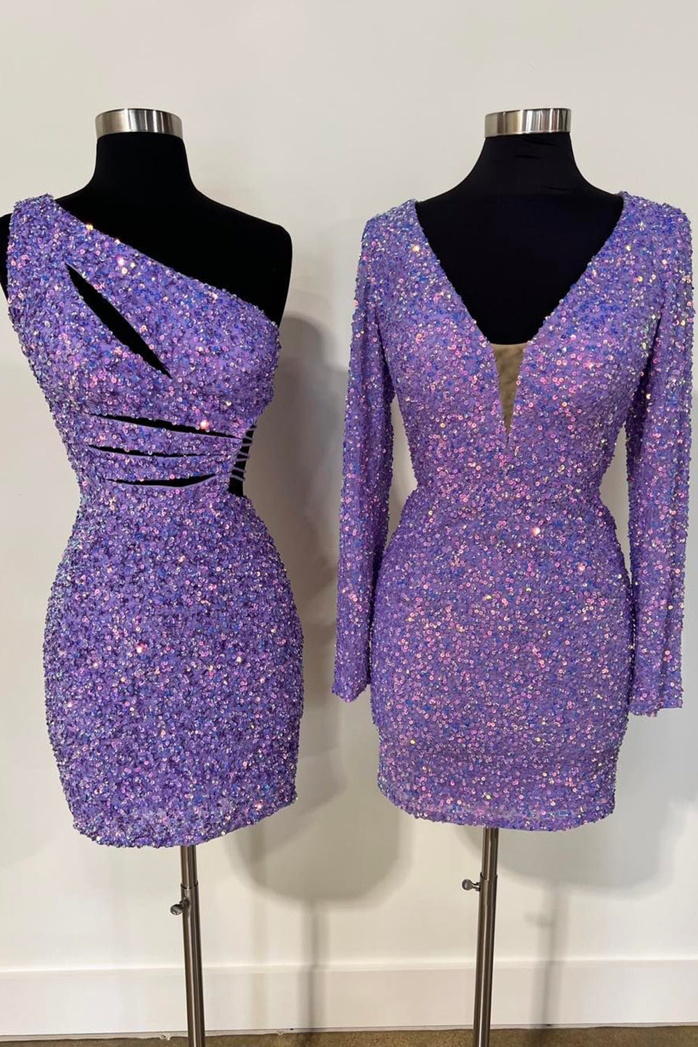 Sparkly Purple One Shoulder Cut Out Sequins Tight Short Homecoming Dress/Mini Dress