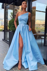 Long Blue Strapless Prom Dress with a Slit in A-Line Style