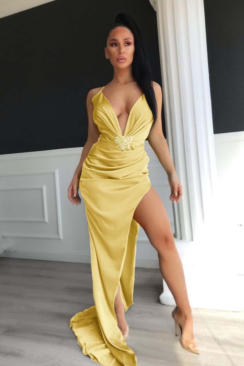 V-Neck Halter Evening Dress With Split