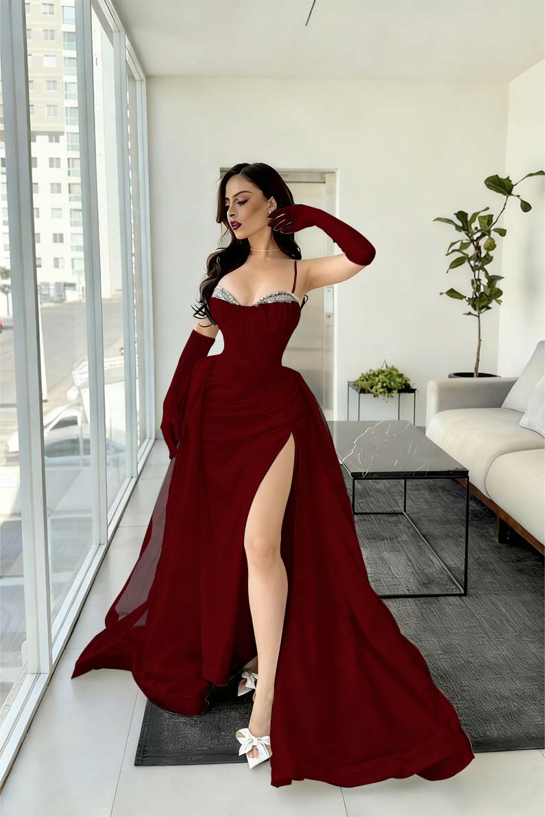 Spaghetti Strap Sleeveless Long Mermaid Formal Dress With Split Gloves