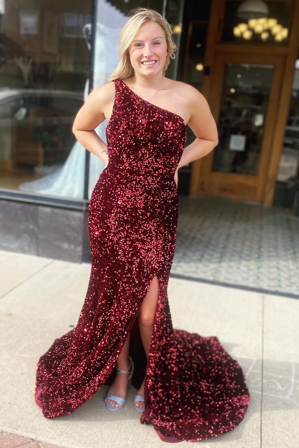 Red Sequined One-Shoulder Prom Gown with Thigh Slit