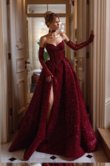 Strapless Sleeveless Long Split Formal Dress With Sequins Detachable sleeves