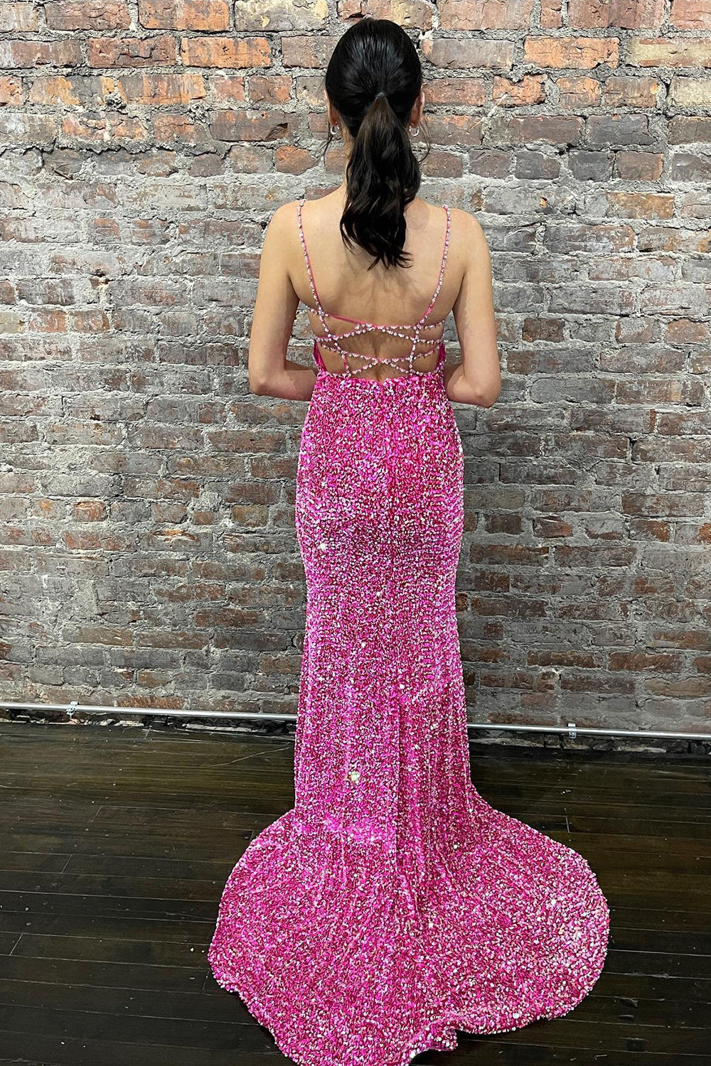 Hot Pink Backless Prom Dress with Mermaid Spaghetti Straps