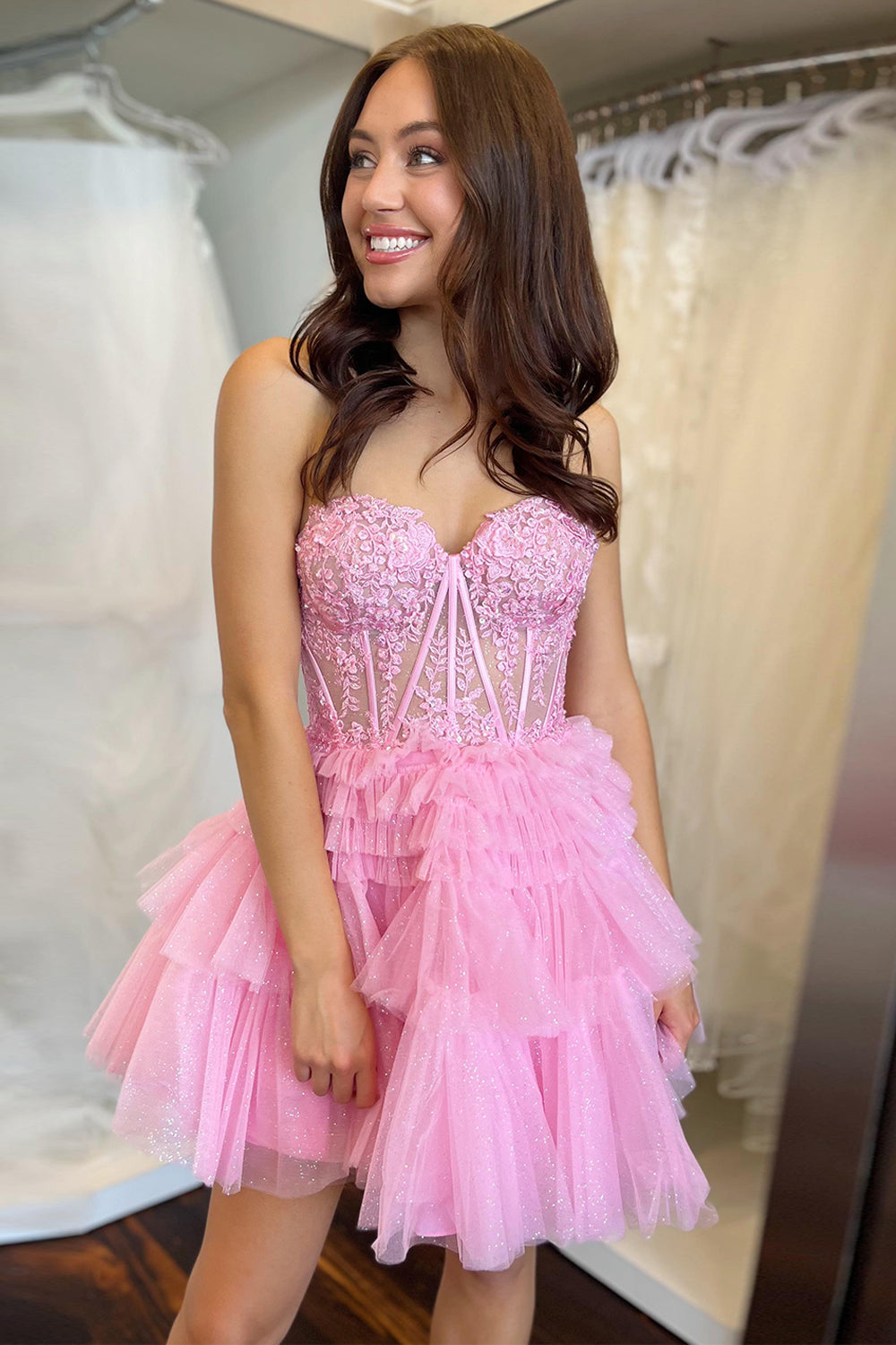 Sparkly Lilac Corset A Line Tiered Short Homecoming Dress/Mini Dress with Lace