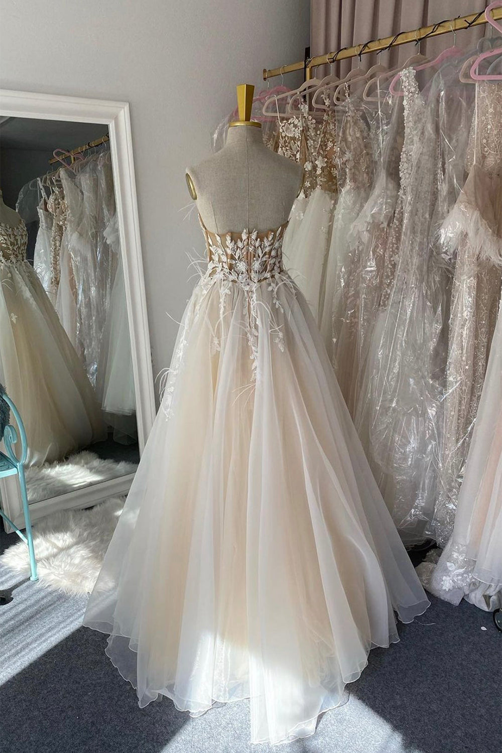 Long Ivory Prom Dress Featuring Appliques