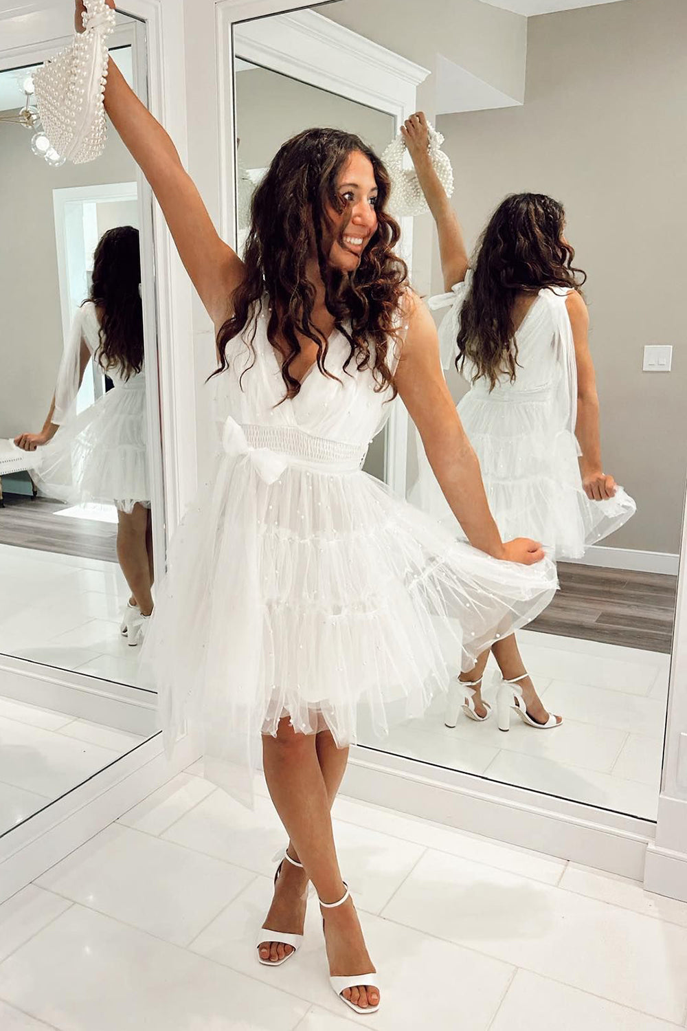 Light Blue A-Line Tulle Tiered Short Homecoming Dress/Mini Dress with Pearls
