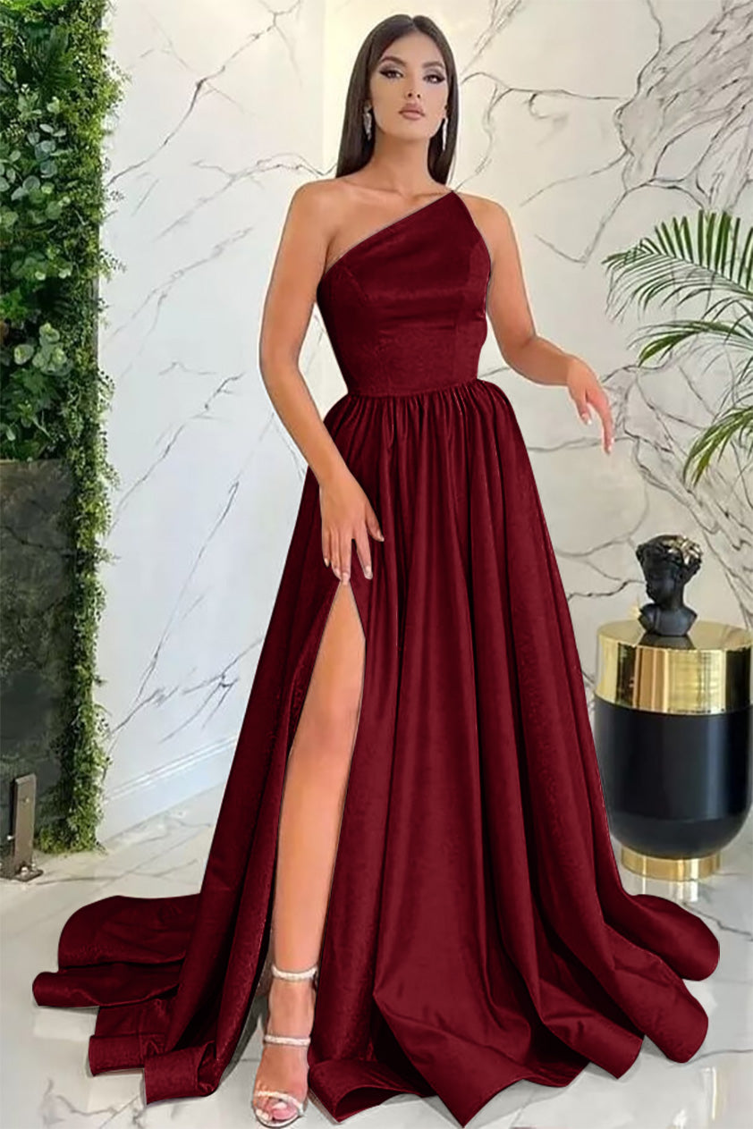 Modest Light Pink One Shoulder Sleeveless Evening Dress With Split