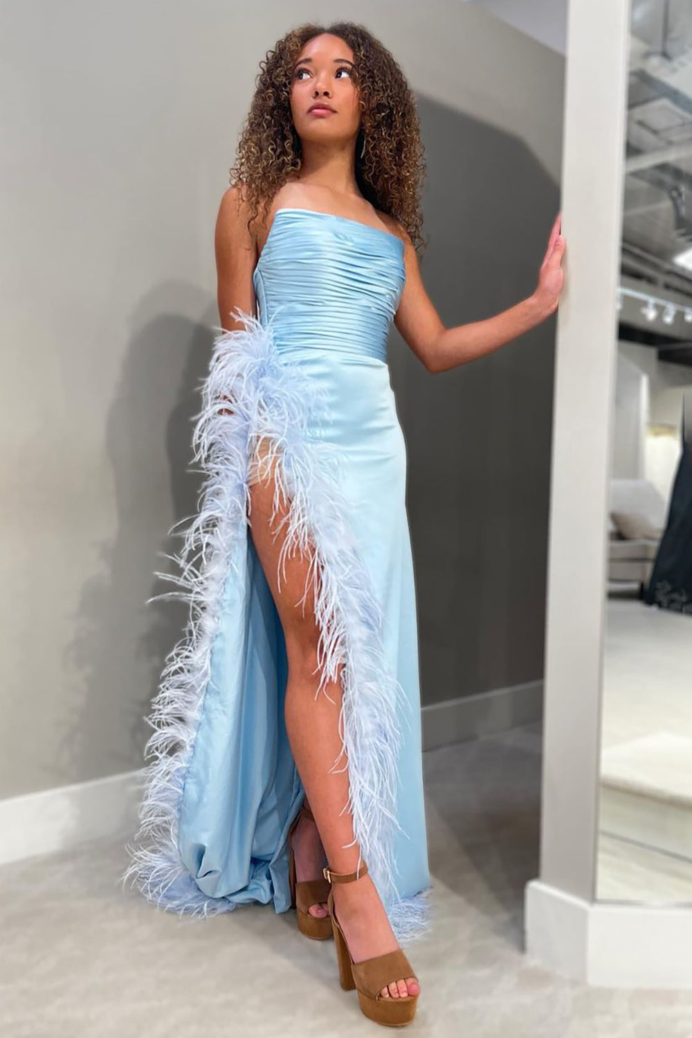 Long White Strapless Prom Dress with Front Split Sheath