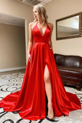 Simple V-Neck A-Line Prom Dress in Red with Halter Neck and Pockets