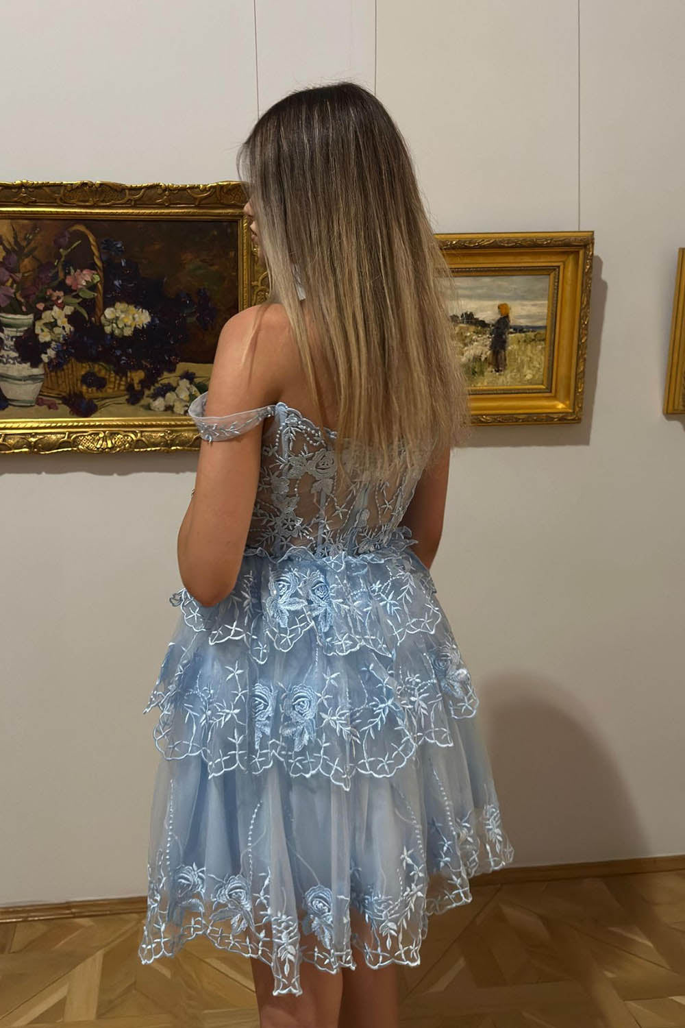 Pink A-Line Off the Shoulder Tiered Short Homecoming Dress/Mini Dress