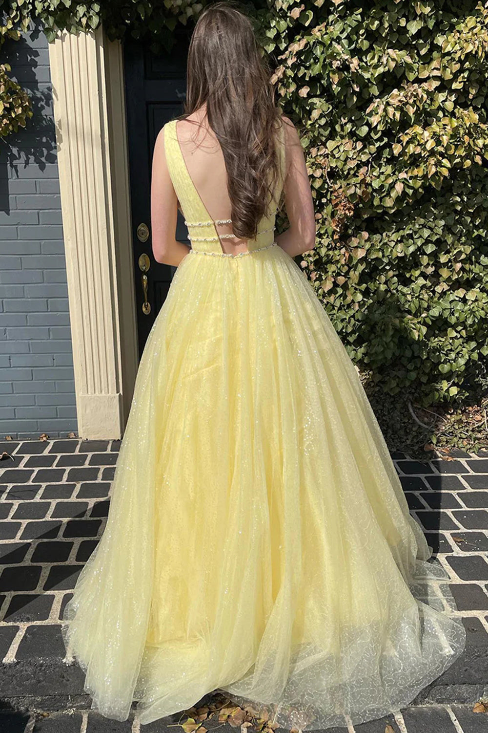 Long Beaded Prom Dress with Glitter Yellow Tulle in A-Line Style
