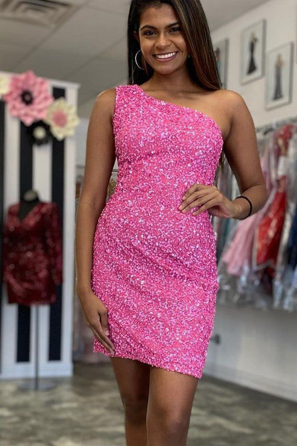 Sheath One Shoulder Royal Blue Sequins Short Homecoming Dress/Mini Dress