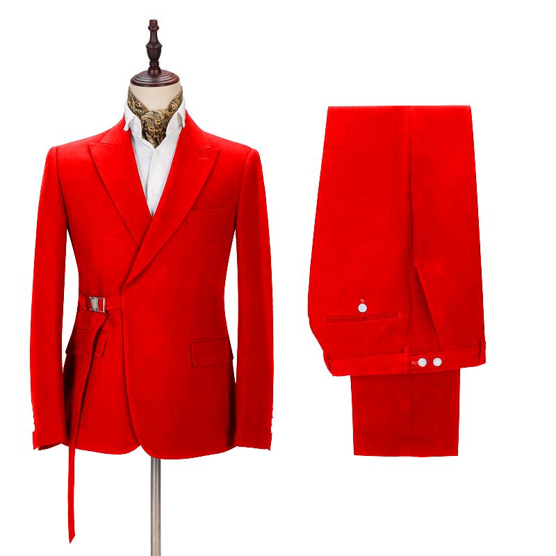 Popular Slim Fit Bright Red Buckle Button Summer Wedding Suit with Peak Lapel