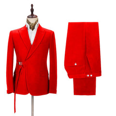 Popular Slim Fit Bright Red Buckle Button Summer Wedding Suit with Peak Lapel