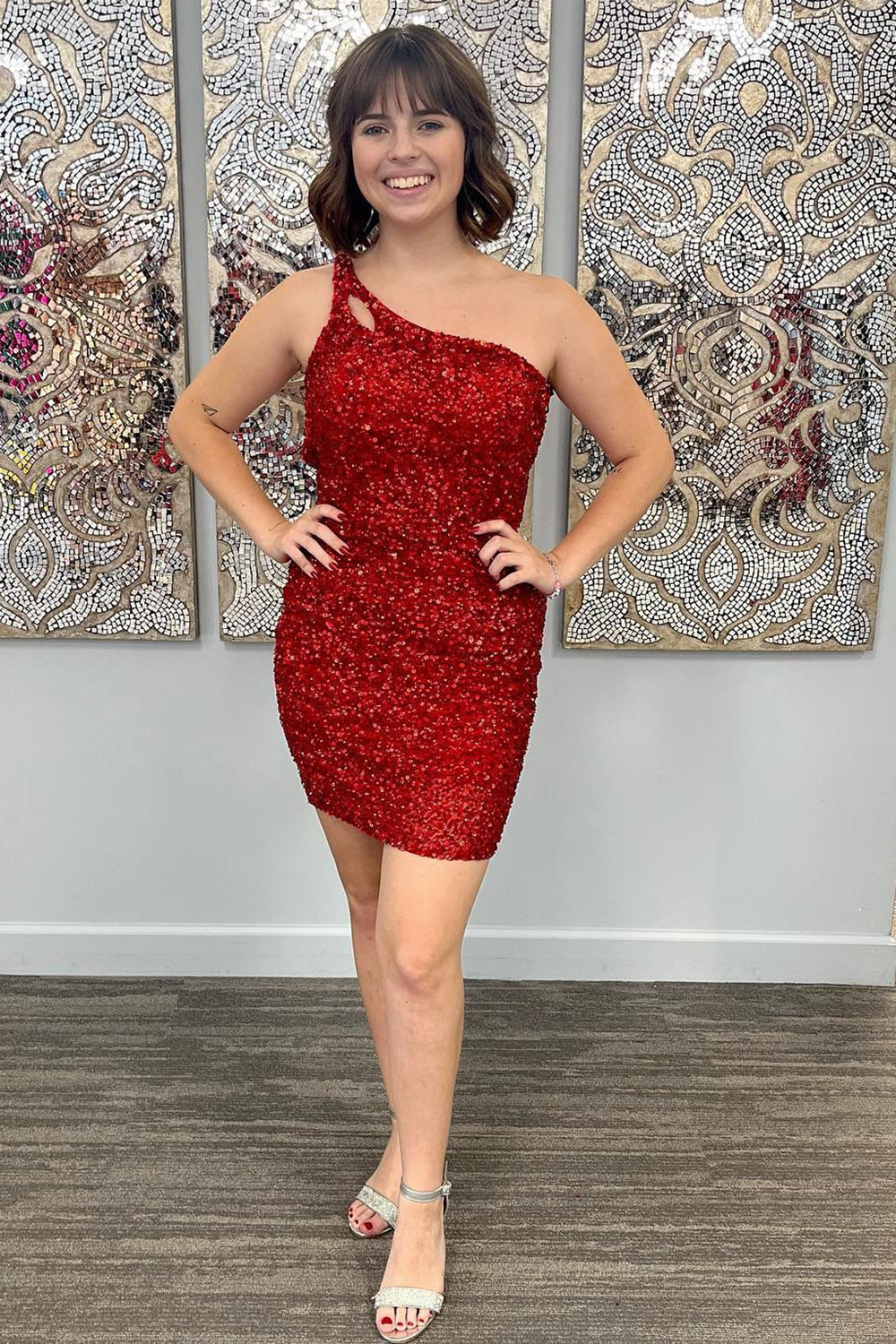 Sparkly Yellow Open Back One Shoulder Sequins Tight Homecoming Dress/Mini Dress