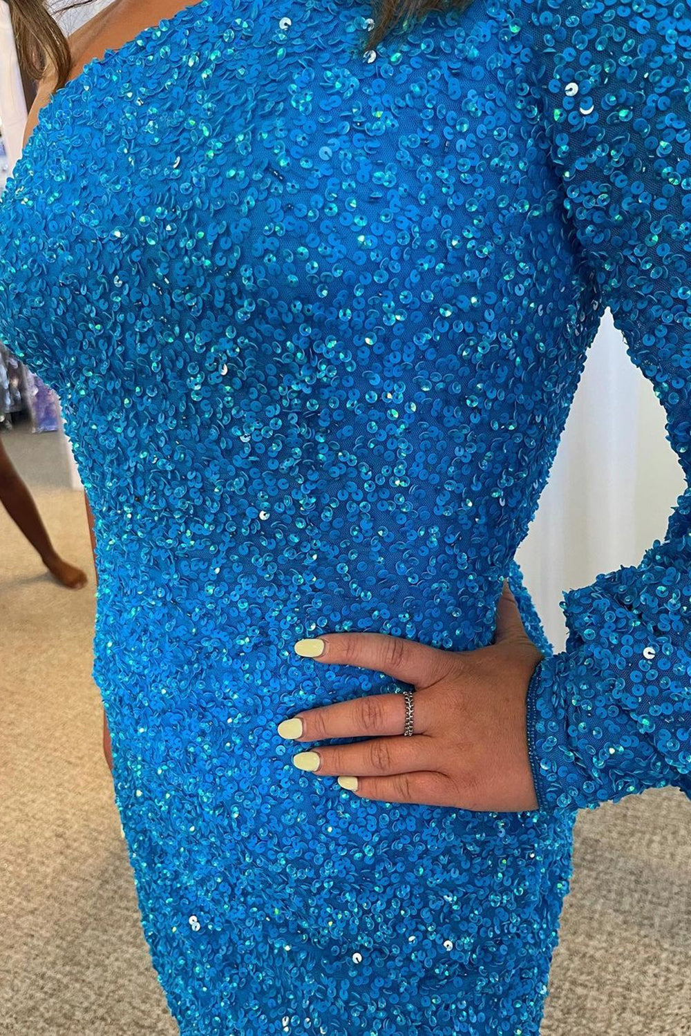 Blue One Shoulder Sequins Tight Homecoming Dress/Mini Dress