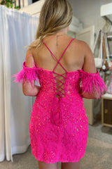 Sparkly Fuchsia Sequin Lace Tight Short Homecoming Dress/Mini Dress with Feathers