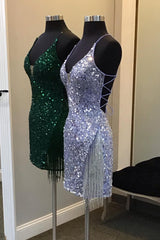Sparkly Dark Green Sequin Tight Homecoming Dress/Mini Dress with Fringes