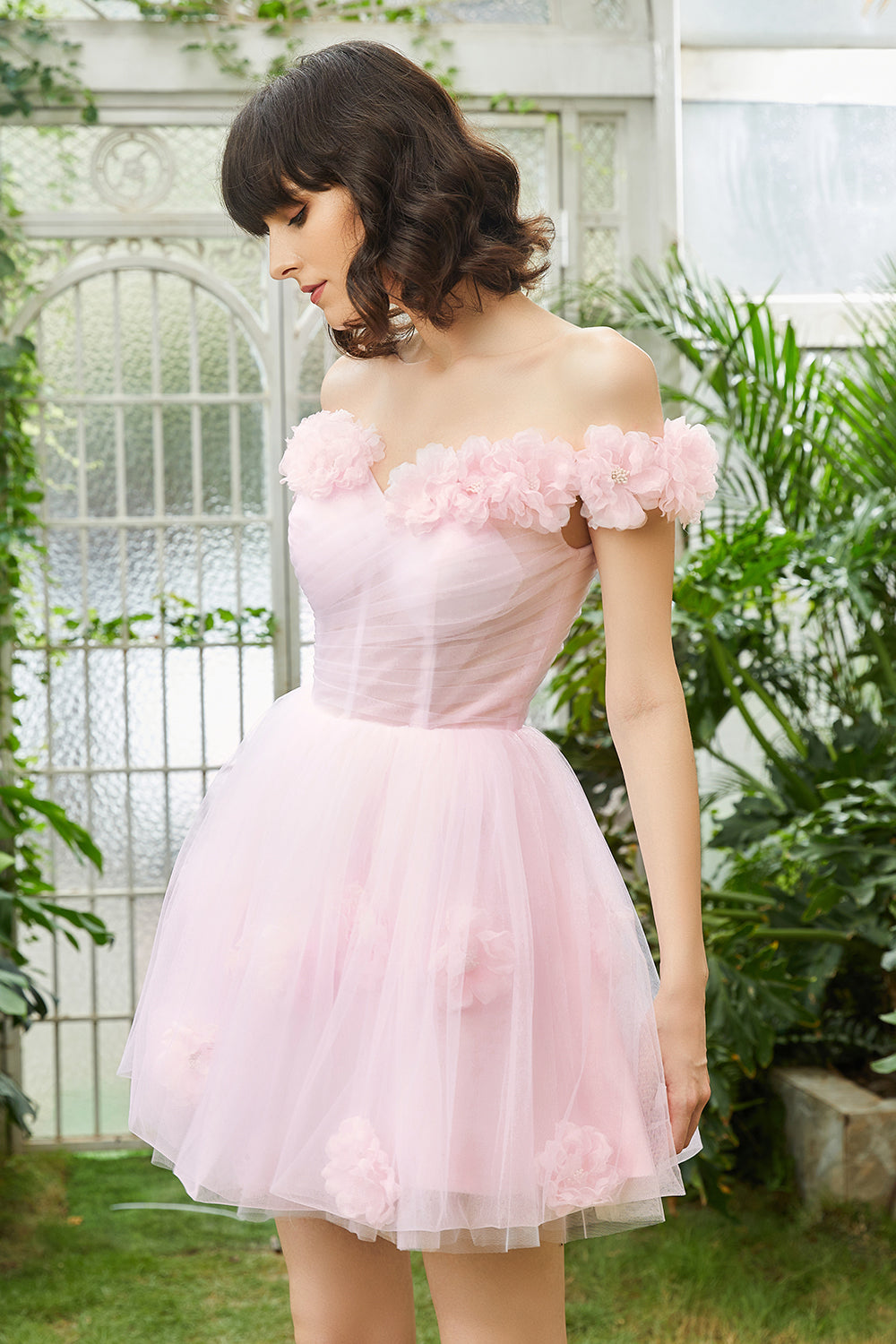 Pink Off the Shoulder Corset Homecoming Dress/Mini Dress With Flowers