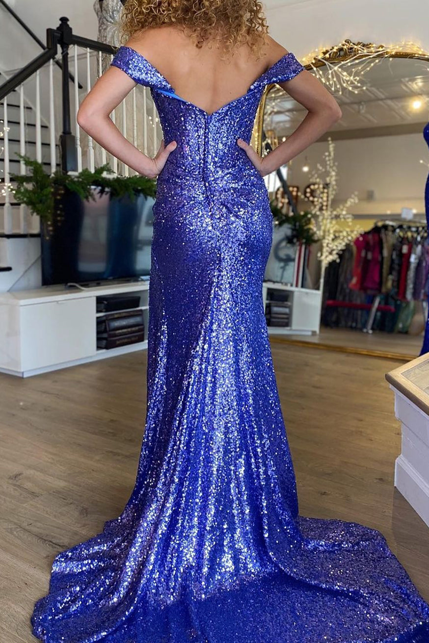 Purple Sequined Corset Prom Dress with Sparkly Mermaid Hem and Off-Shoulder Neckline