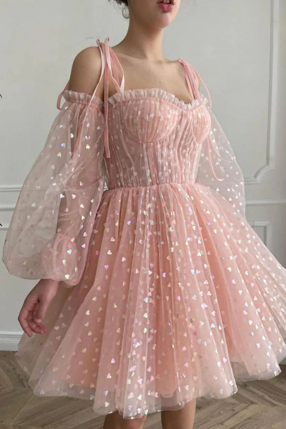 A Line Off the Shoulder Blush Short Homecoming Dress/Mini Dress with Long Sleeves
