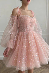 A Line Off the Shoulder Blush Short Homecoming Dress/Mini Dress with Long Sleeves