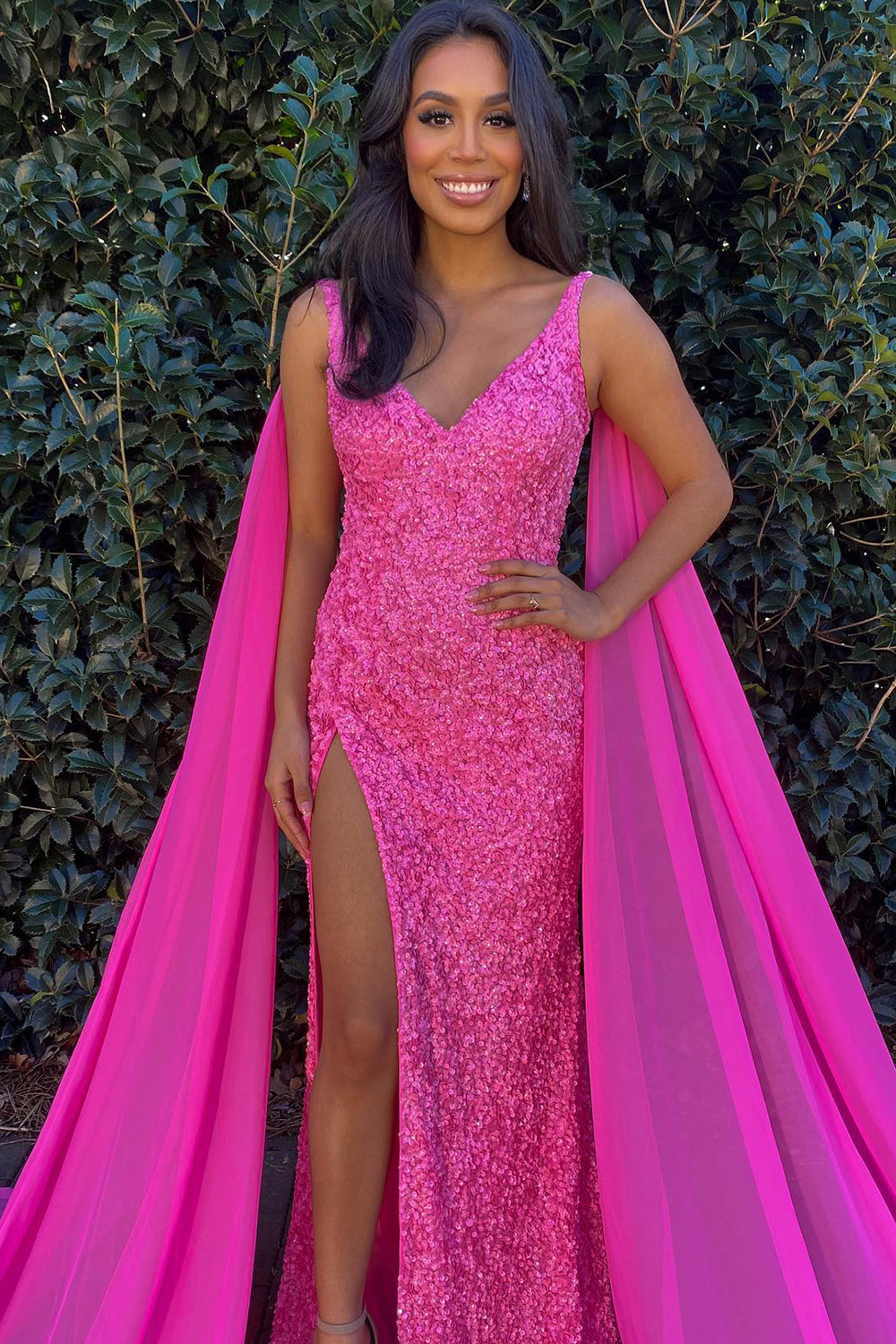 Long Sequined Prom Dress with Orange Watteau Train
