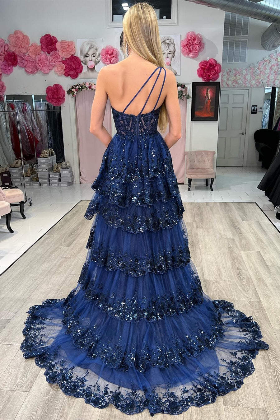Light Purple Long Prom Dress with One Shoulder and Lace Ruffles in A-Line Princess Style