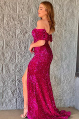 Fuchsia Sequined Long Prom Dress with Mermaid Cut and Shoulder Detail