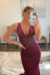 Long Backless Mermaid Prom Dress with Sparkly Fuchsia Sequins