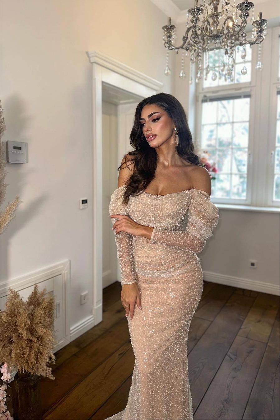Glamorous Off the Shoulder Long Sleeves Pleated Mermaid Formal Dress With Beadings
