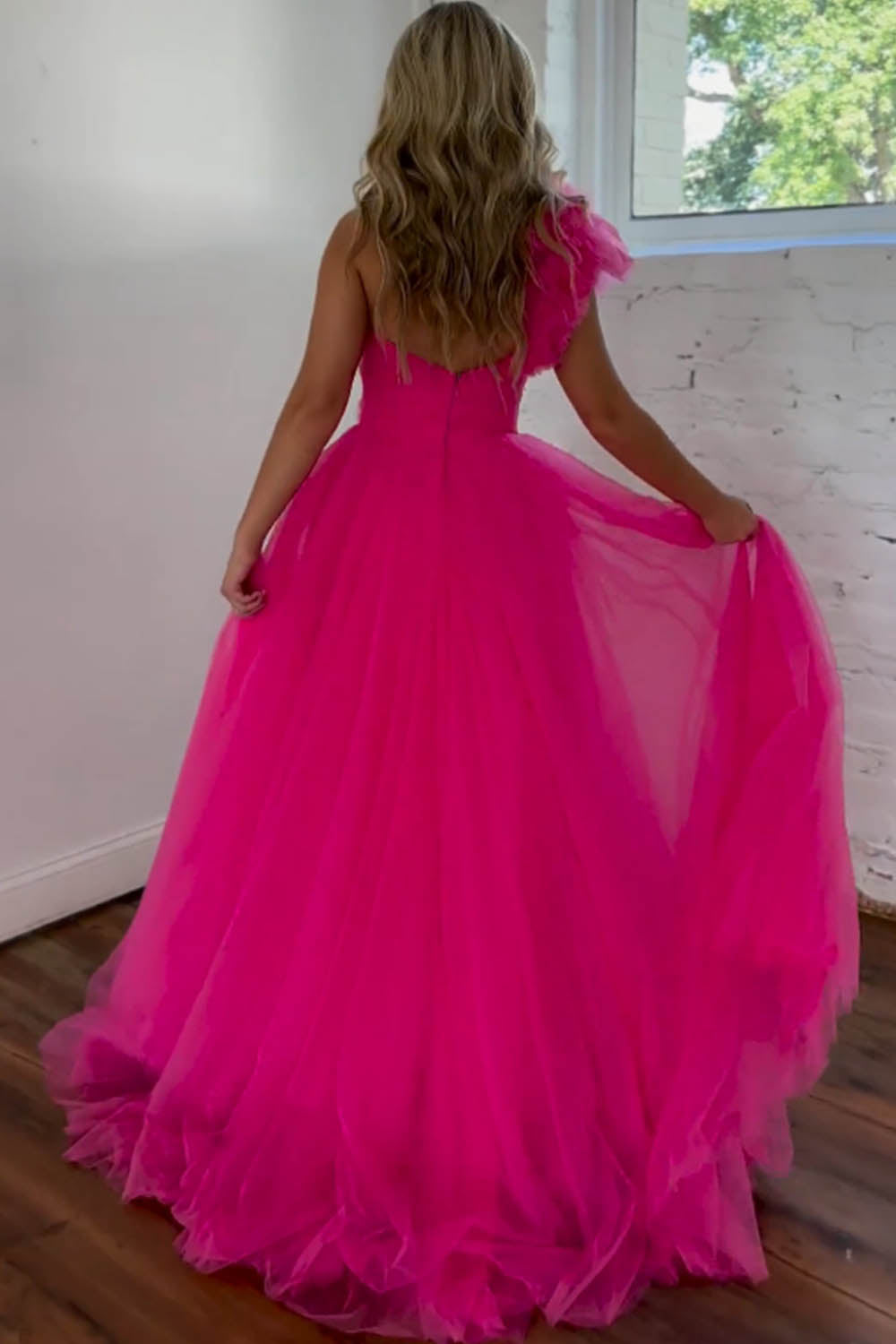 Elegant Fuchsia Long Prom Dress with One Shoulder A-Line and Front Split