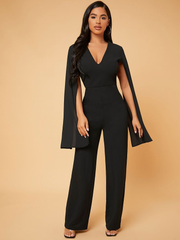 Elegant Black V-Neck Long Jump Suit With Cape Sleeves