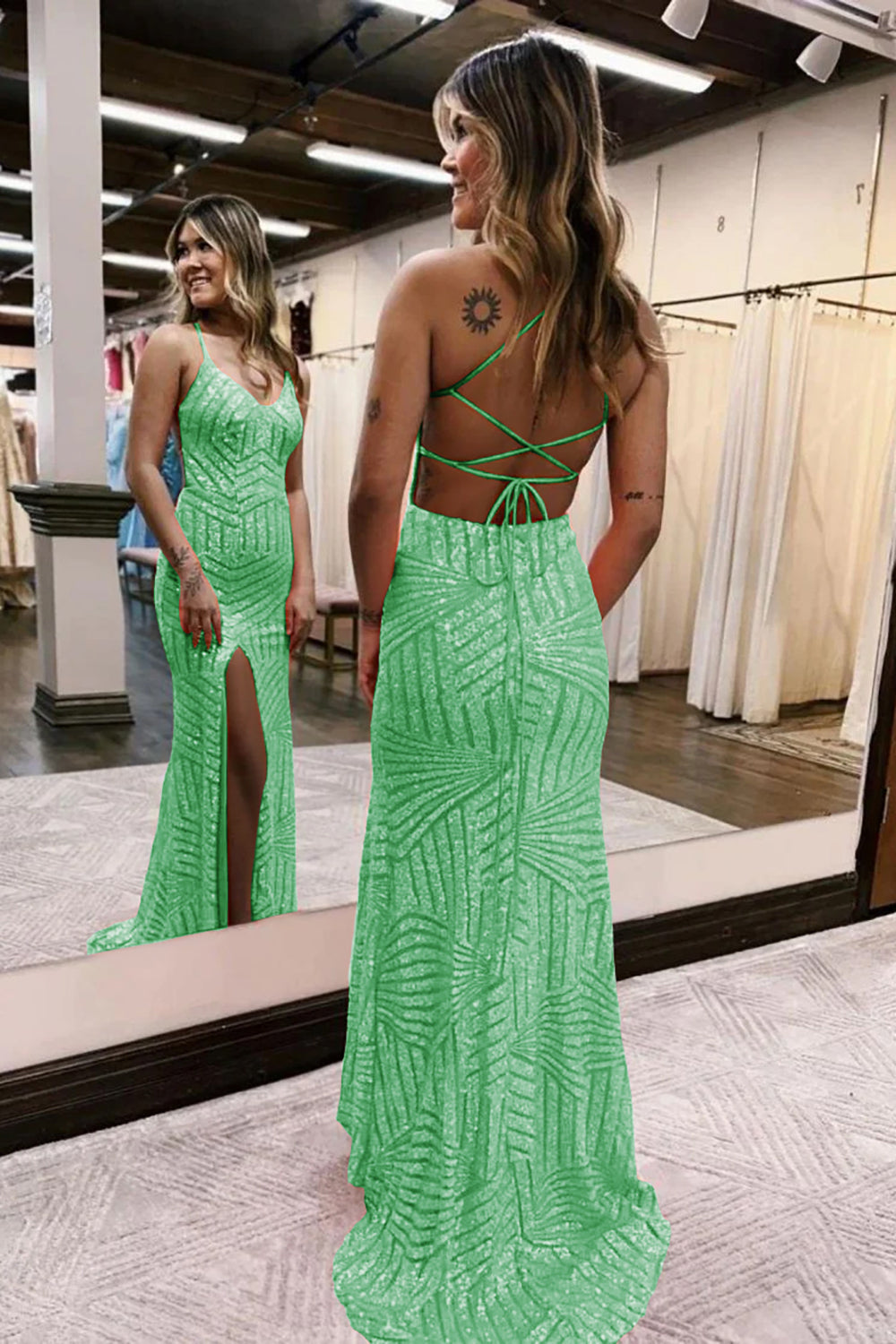 Long Orange Sequined Prom Dress with Criss Cross Back and Sheath Spaghetti Straps