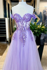 Elegant Off-the-Shoulder Purple Corset Prom Dress with Appliques in A-Line Silhouette