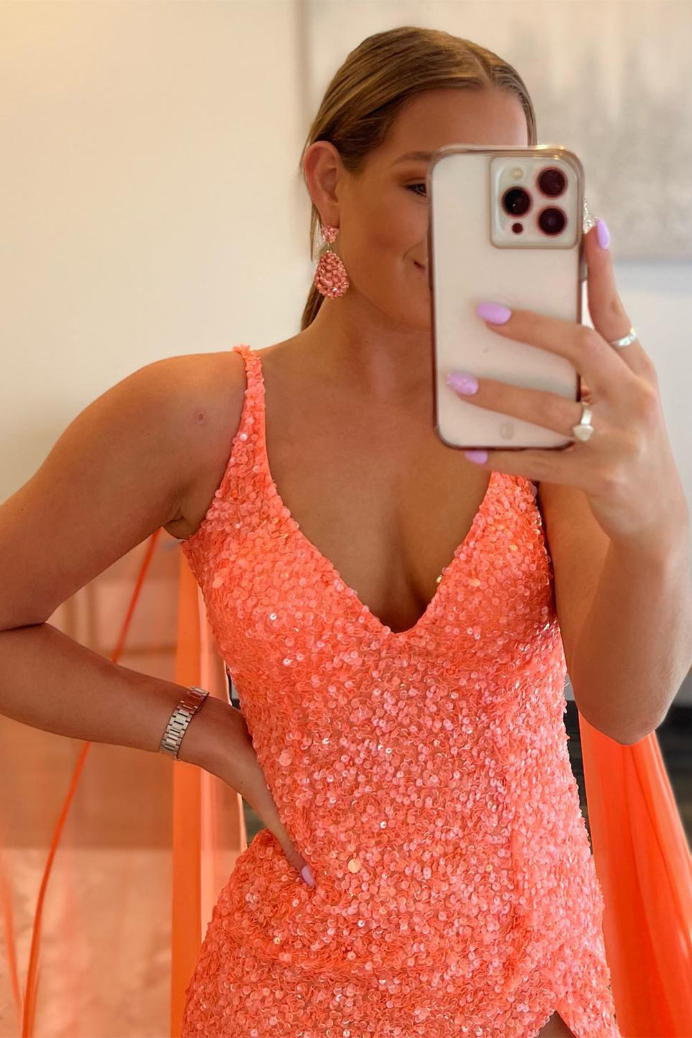 Long Sequined Prom Dress with Orange Watteau Train
