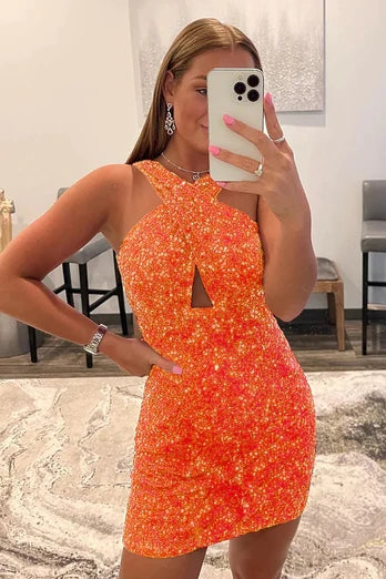Glitter Royal Blue Halter Backless Sequins Tight Homecoming Dress/Mini Dress