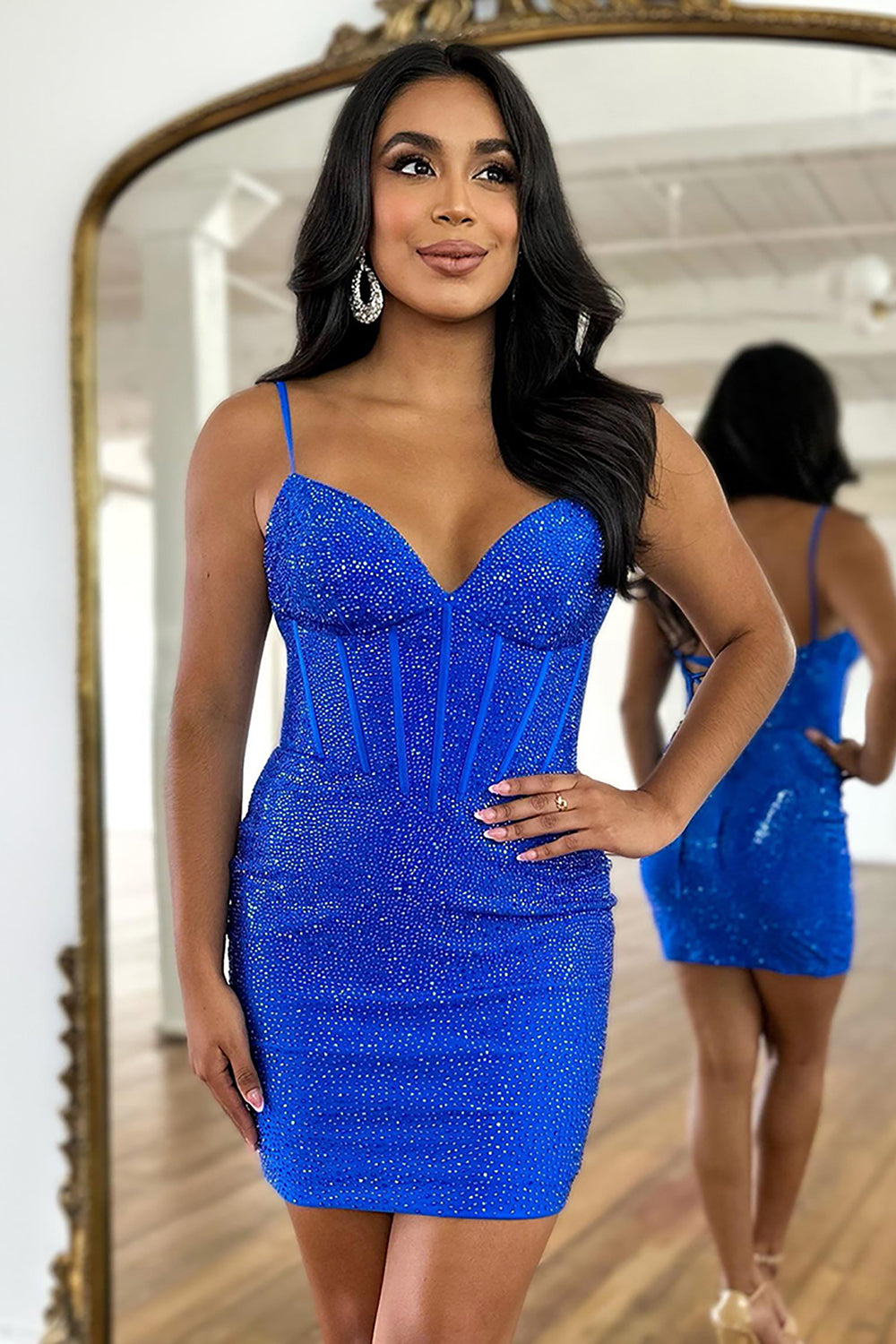 Sparkly Navy Beaded Corset Lace-Up Back Tight Short Homecoming Dress/Mini Dress