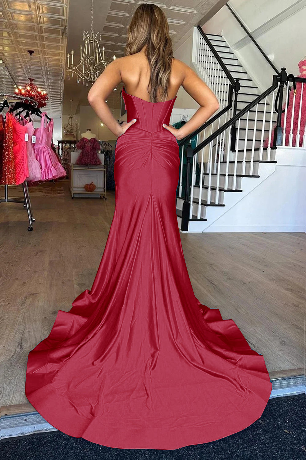 Long Orange Satin Mermaid Prom Dress with Corset and Slit