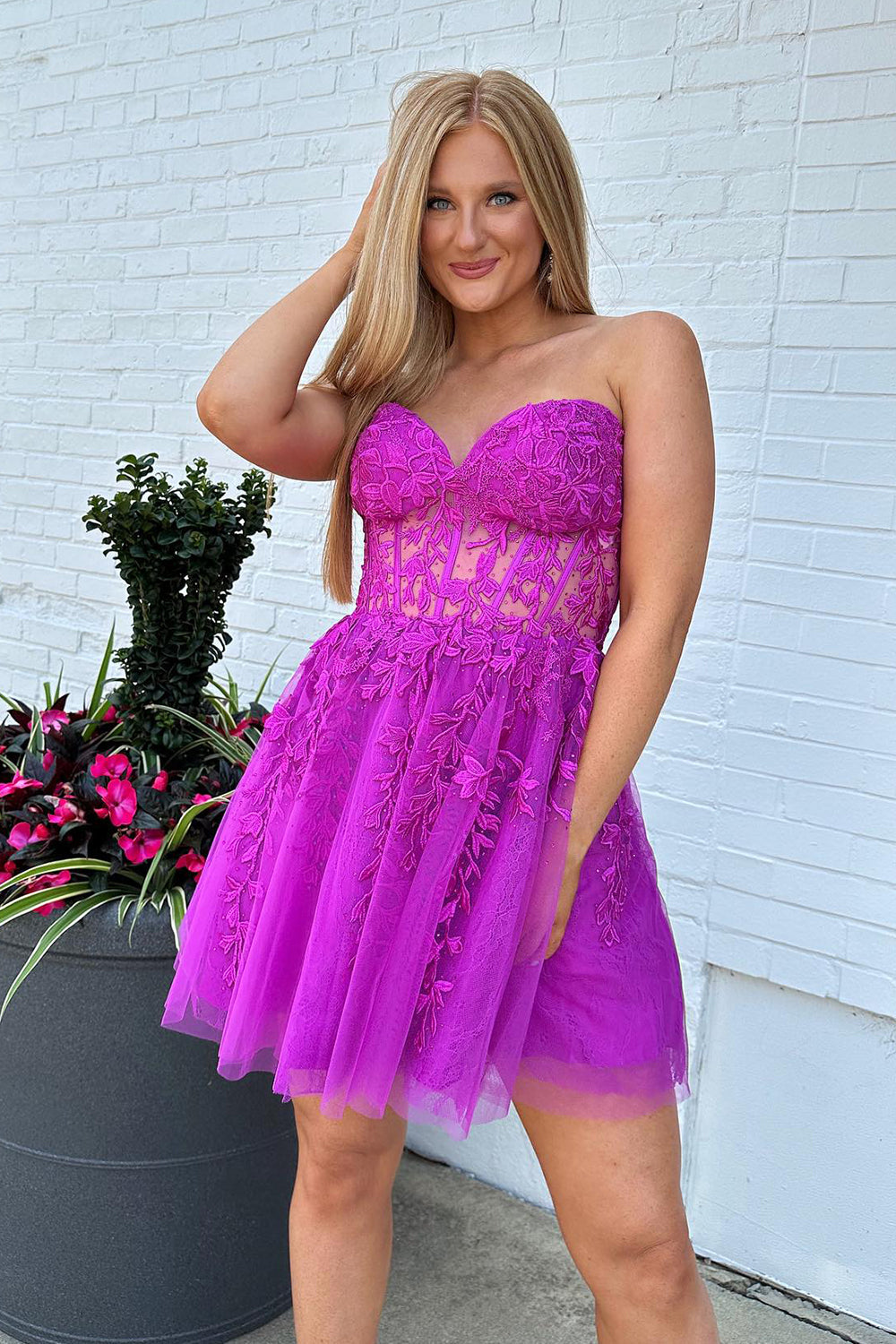 Sparkly Fuchsia Corset A-Line Tulle Short Homecoming Dress/Mini Dress with Lace
