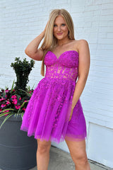 Sparkly Fuchsia Corset A-Line Tulle Short Homecoming Dress/Mini Dress with Lace