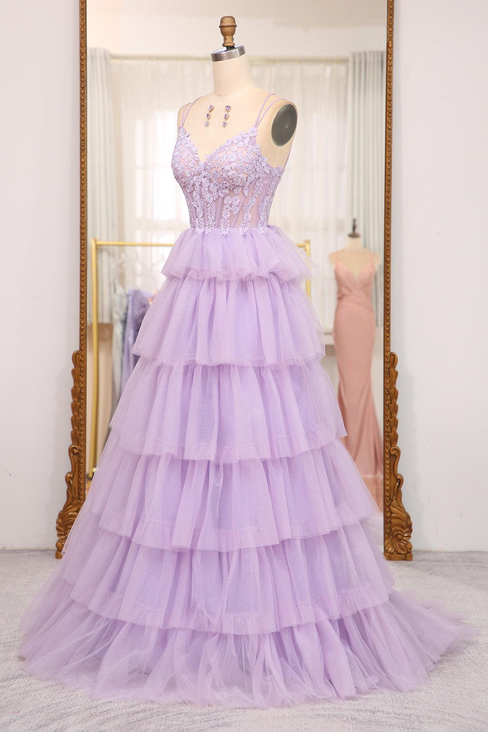 Long Prom Dress with Lilac Princess Spaghetti Straps and Tiered Tulle Appliques